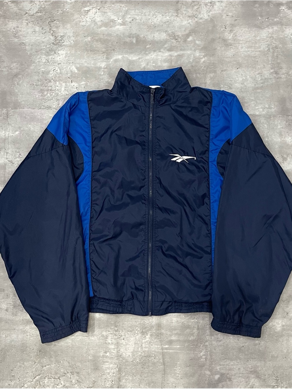 Vintage Reebok Windbreaker Jacket Navy Blue Spell Out Boxy Baggy Mens Large